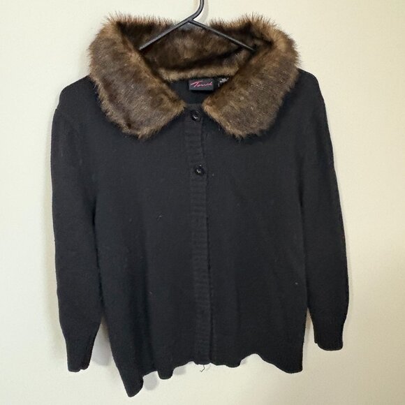 Torrid black button down sweater with brown faux fur collar - Picture 1 of 2